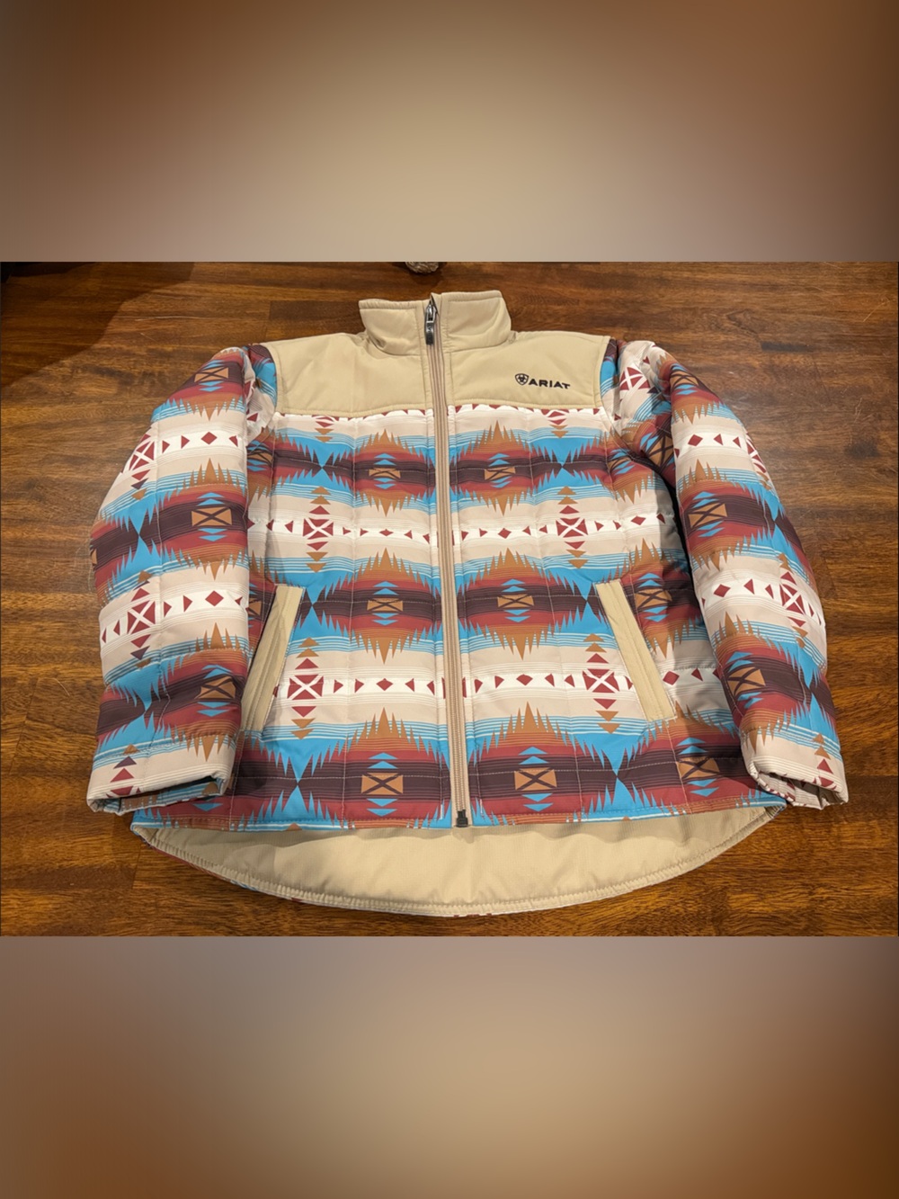 Youth Ariat Aztec Print Puffer Jacket - Turquoise, Rust & Cream